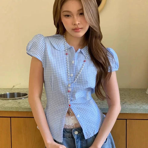 Summer Short Puff Sleeves Peter Pan Collar Fitted Tops